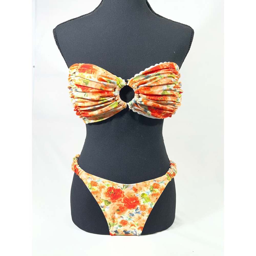 Floral Ruched Bandeau Bikini Set Women M Orange Peach High Cut Ring Detail Swim
